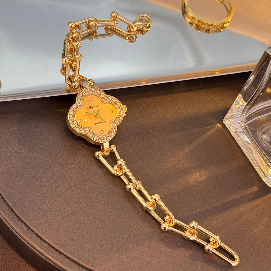 Lucky Four-Leaf Clover Design Watches for Women, Featuring Gold Chains and Gem - Studded Bezels