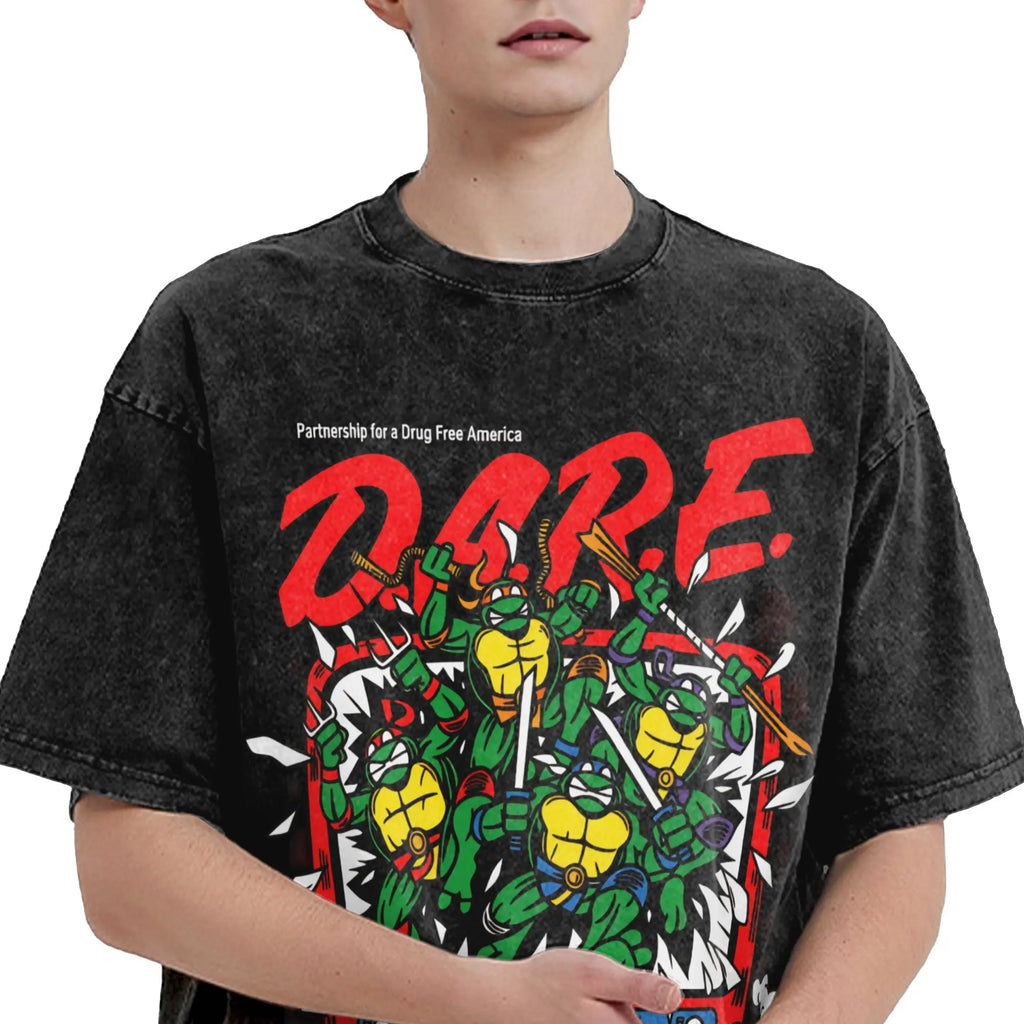 Streetwear Washed T-Shirt TMNT D.A.R.E. Just Say No Cotton T-Shirts  Hipster Tshirt for Men Summer Awesome Casual Tops