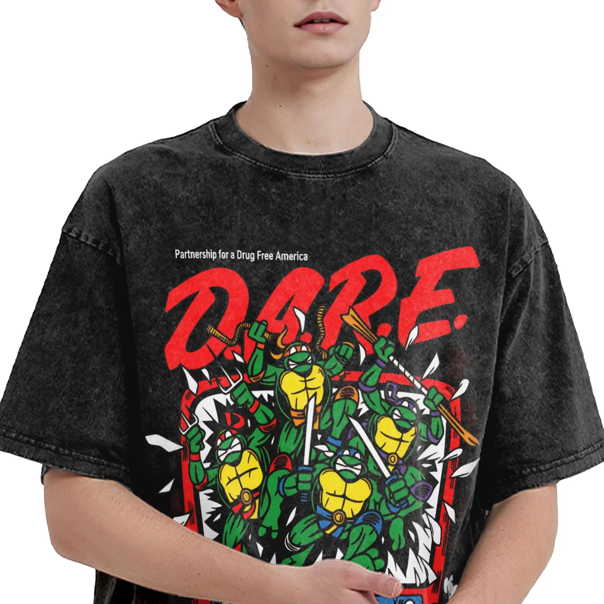 Streetwear Washed T-Shirt TMNT D.A.R.E. Just Say No Cotton T-Shirts  Hipster Tshirt for Men Summer Awesome Casual Tops