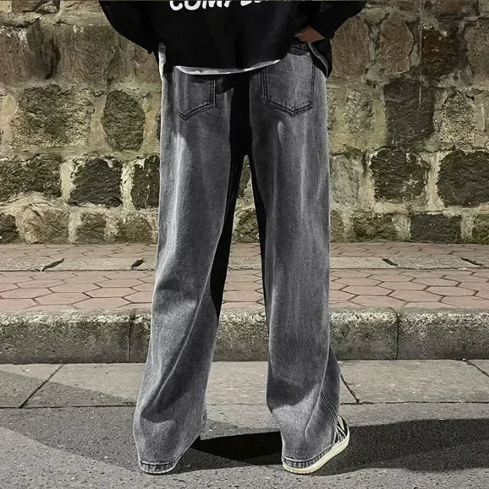 2025 New Streetwear Loose Jeans Men Korean Style Fashion Loose Straight Wide Leg Pants Men's Brand Clothing Black Light Blue